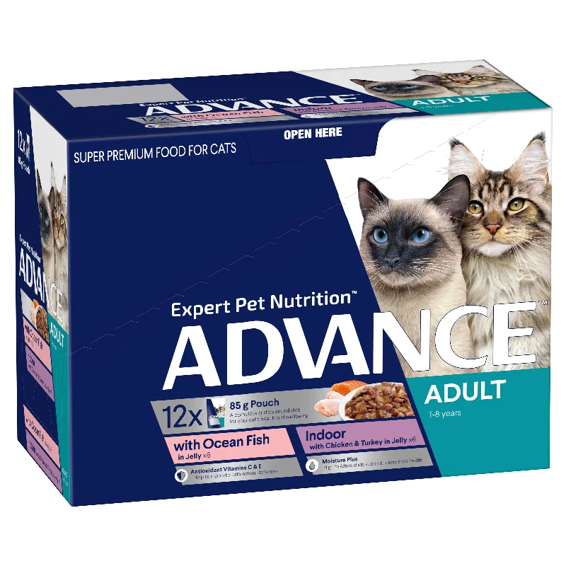   - Hairball control cat food  Advance Ocean Fish & Indoor Chicken & Turkey Adult Wet Cat Food Trays 85g x 12