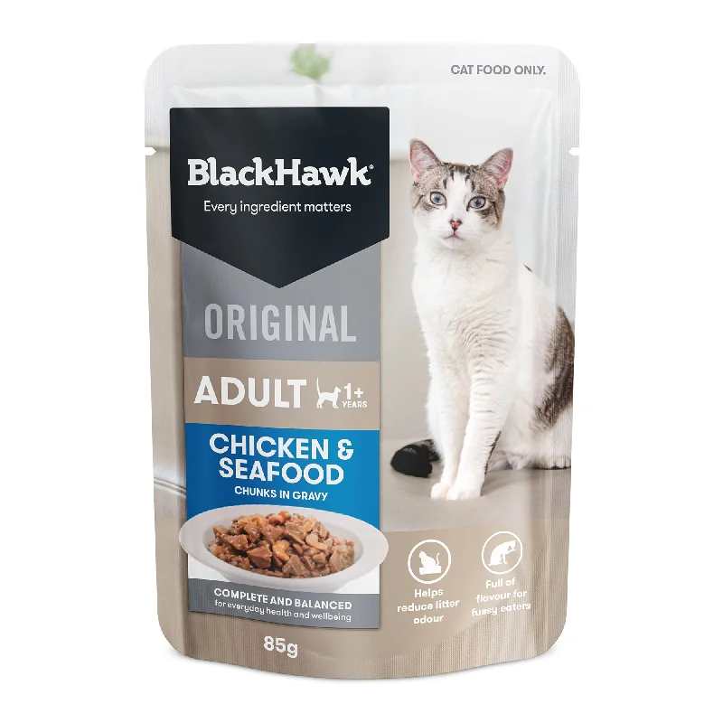  . **Price and Purchasing**  Black Hawk Original Cat Chicken and Seafood in Gravy Cat Wet Food  85g x 12