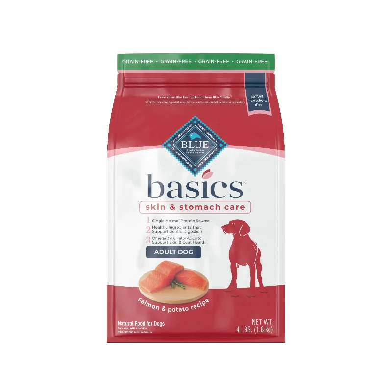  -Cost-effective dog foodBlue Buffalo Basics Skin & Stomach Care, Grain Free Natural Adult Dry Dog Food, Salmon & Potato 4 lb.