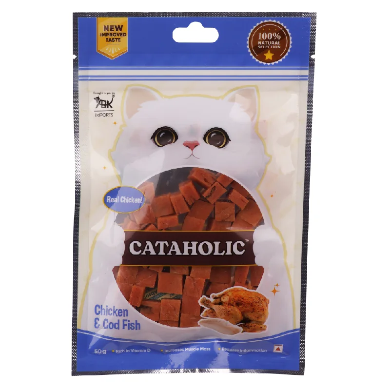    - Chicken flavor cat food  Cataholic Chicken and Codfish Cube Cat Treats (Limited Shelf Life)