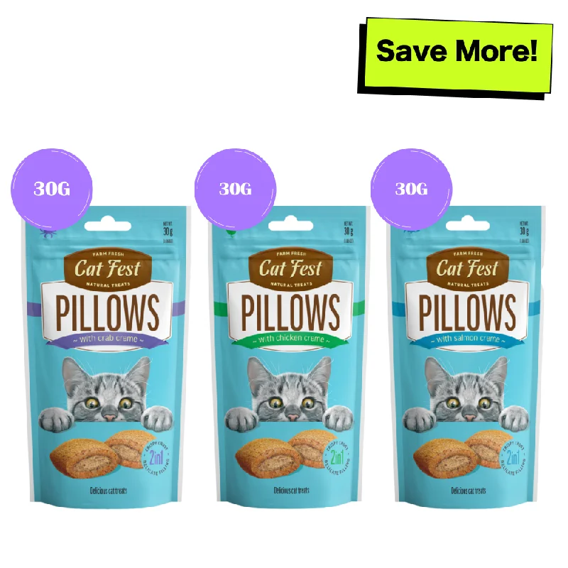    - Fish-based cat food  Catfest Pillows with Crab, Chicken and Salmon Cream Cat Treats Combo