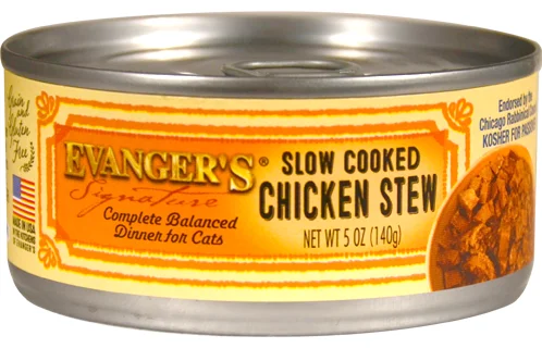    - High-fiber cat food  Evanger's Signature Series Grain Free Slow Cooked Chicken Stew Canned Cat Food