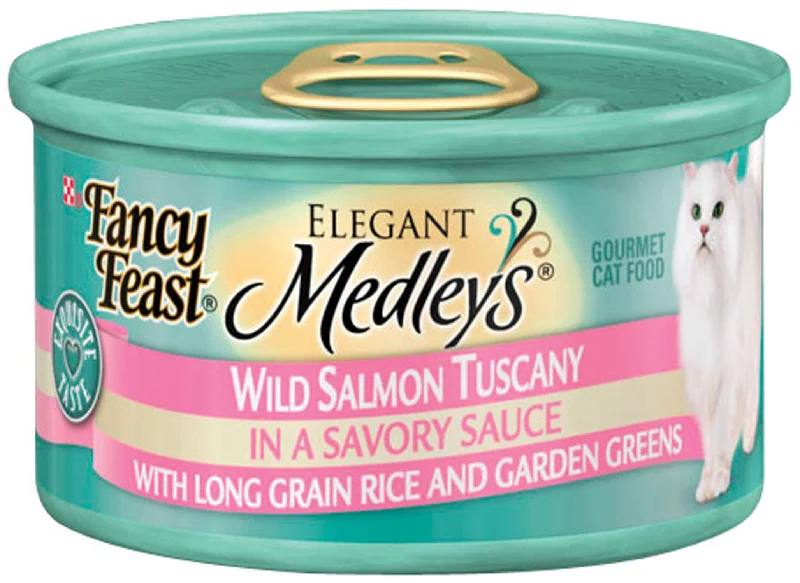    - High-protein cat food  Fancy Feast Elegant Medleys Wild Salmon Tuscany Canned Cat Food