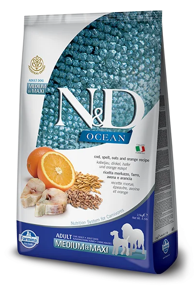 - Natural ingredient dog foodFarmina Ocean N&D Natural & Delicious Medium & Maxi Adult Cod, Spelt, Oats & Orange Dry Dog Food