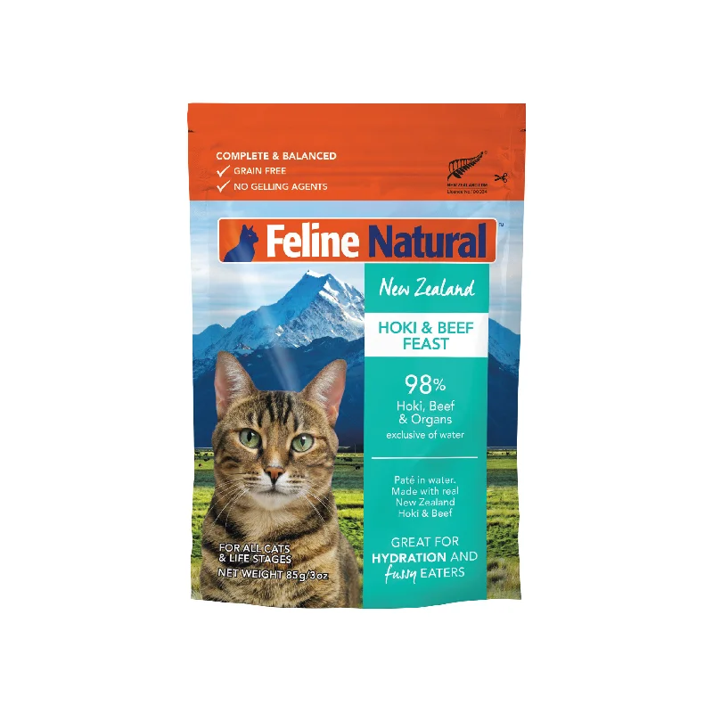    - Chicken flavor cat food  Feline Natural Grain Free Pouches Hoki & Beef Feast 85g x 12