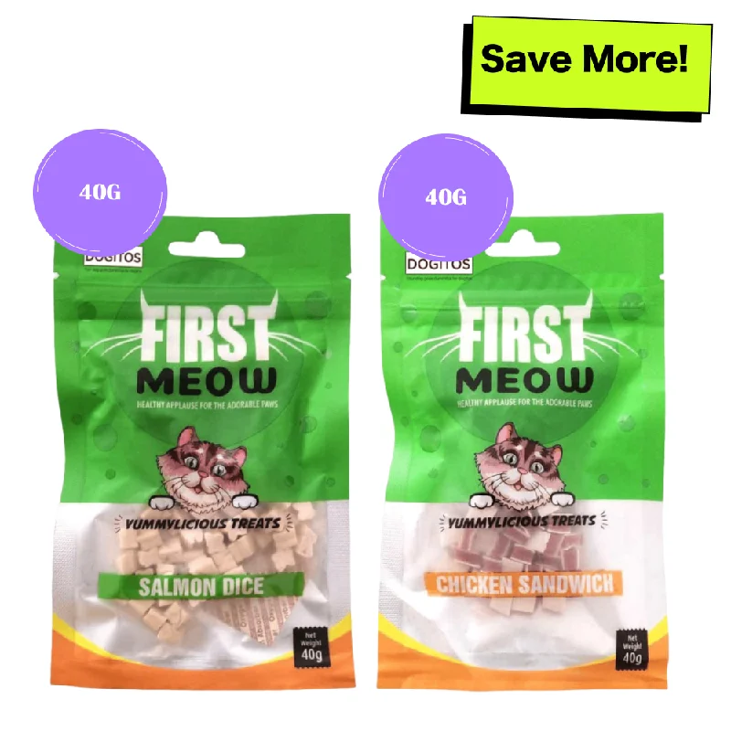    - Digestive care cat food  First Meow Salmon Dice and Chicken Sandwich Cat Treat Combo