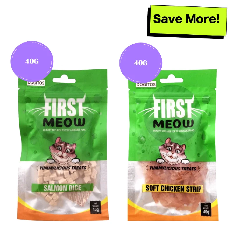    - Grain-free cat food recommendations  First Meow Soft Chicken Strip and Salmon Dice Cat Treat Combo