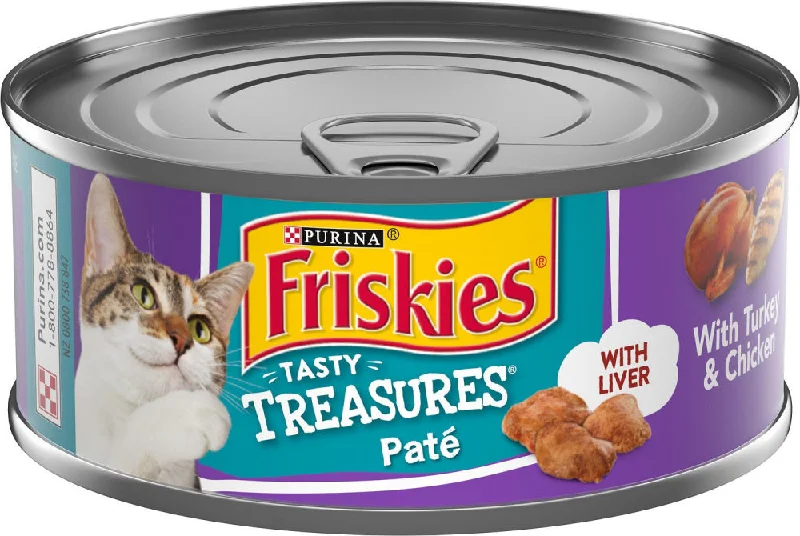    - Outdoor cat food  Friskies Tasty Treasures Pate Turkey & Chicken Dinner Canned Cat Food