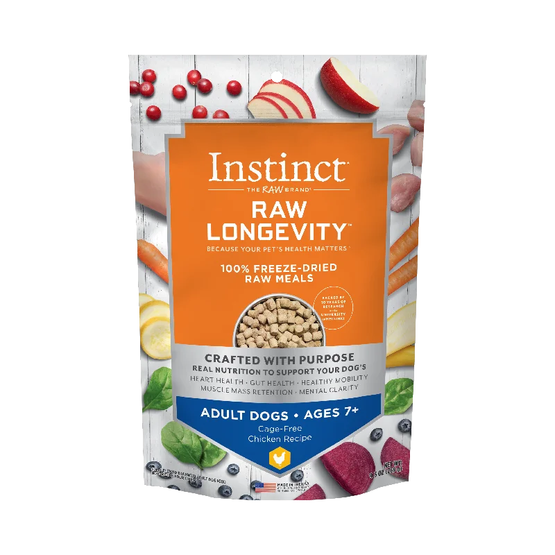  -Fish-containing dog foodInstinct Raw Longevity Adult Ages 7+ Freeze-Dried Chicken Bites Dog Food, 9.5 oz. Bag