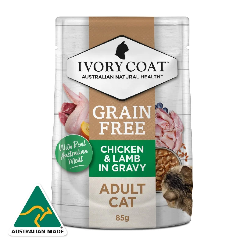    - Cat food for coat health  Ivory Coat Grain Free Adult Chicken & Lamb in Gravy Cat Wet Food 85g x 12