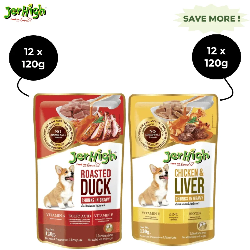 - Special food for senior dogsJerHigh Roasted Duck in Gravy and Chicken And Liver in Gravy Dog Wet Food Combo