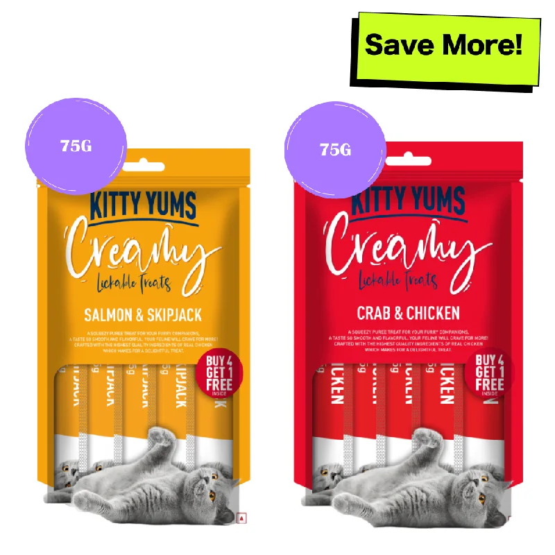    - Fish-based cat food  Kitty Yums Salmon & Skipjack and Crab & Chicken Creamy Cat Treats Combo