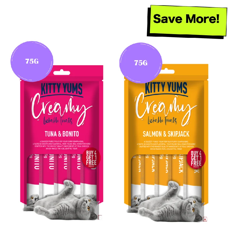    - Grain-free cat food recommendations  Kitty Yums Tuna & Bonito and Salmon & Skipjack Creamy Cat Treats Combo