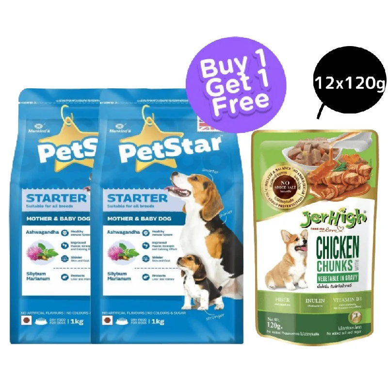  -High-fiber dog foodMankind Petstar Starter Mother & Baby Dry Food (BOGO) and JerHigh Vegetable and Chicken in Gravy Wet Food for Dogs Combo