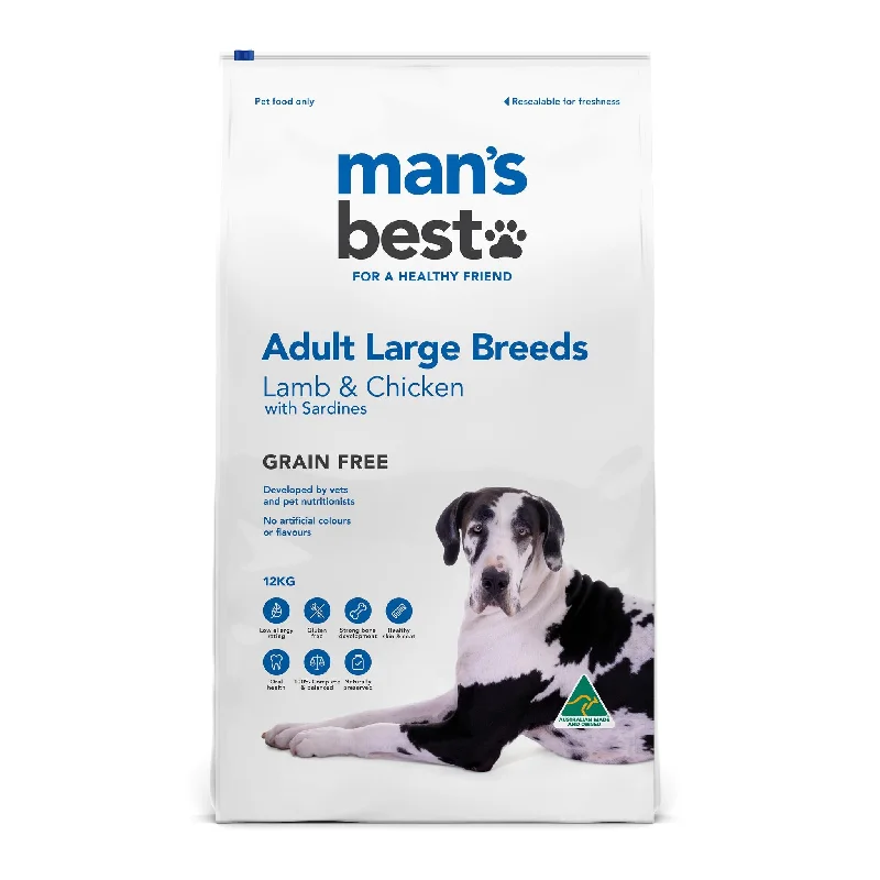  -Fish-containing dog foodMans Best Grain Free Adult Large Breed Lamb & Chicken Dry Dog Food 12kg