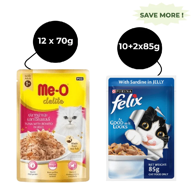    - Cat food for spayed/neutered cats  Me O Delite Tuna with Bonito in Jelly and Purina Felix Sardine with Jelly Adult Cat Wet Food Combo (12+12)