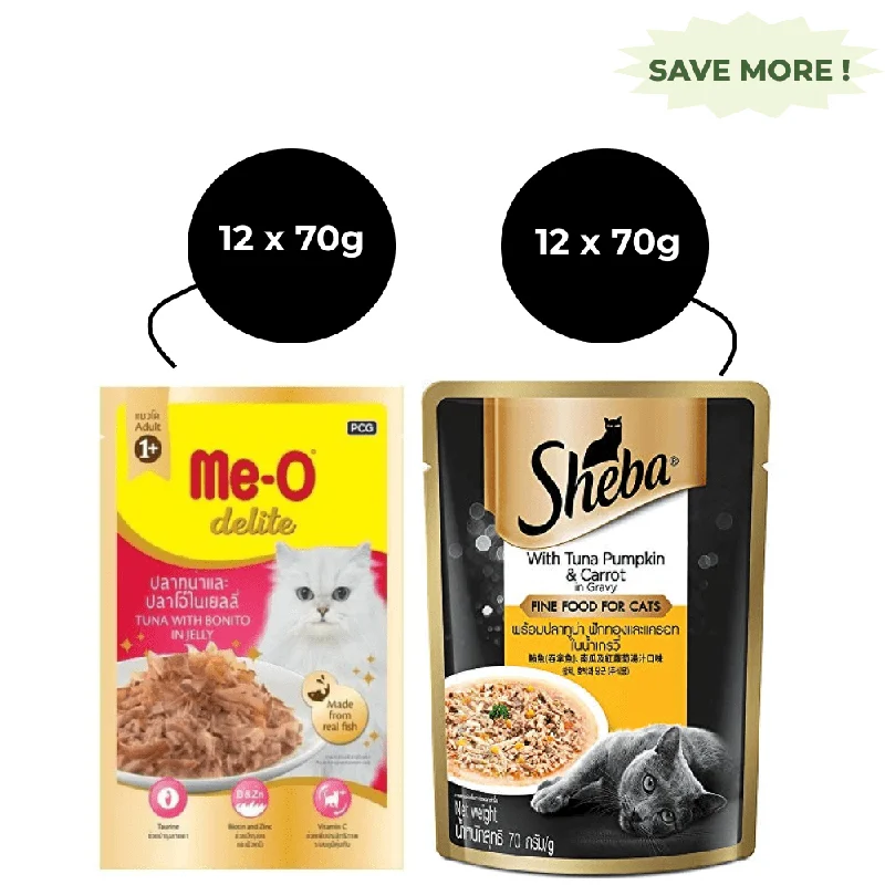    - Digestive care cat food  Me O Delite Tuna with Bonito in Jelly and Sheba Tuna Pumpkin & Carrot In Gravy Rich Premium Adult Fine Cat Wet Food Combo