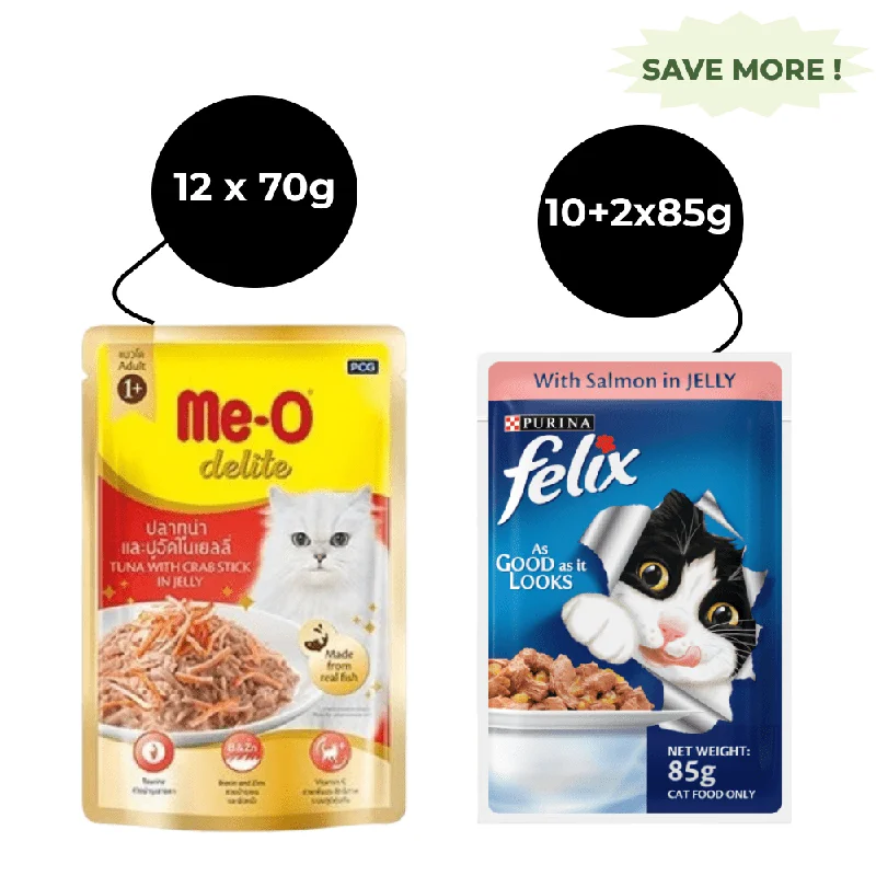    - Purina Pro Plan cat food palatability  Me O Delite Tuna with Crab Sticks in Jelly and Purina Felix Salmon with Jelly Adult Cat Wet Food Combo (12+12)