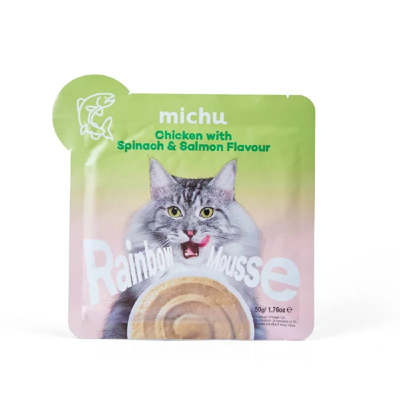    - Chicken flavor cat food  Michu Rainbow Mousse Chicken With Spinach & Salmon Flavour Cat Wet Food 50g x 10