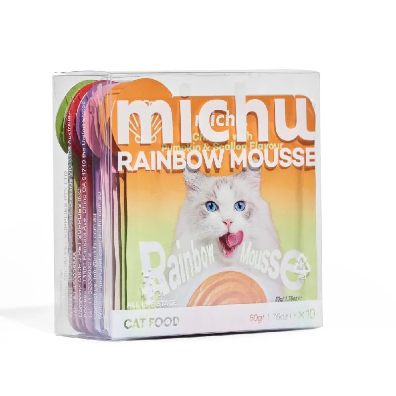    - High-protein cat food  Michu Rainbow Mousse Mixed Flavour Cat Wet Food 50g x 10