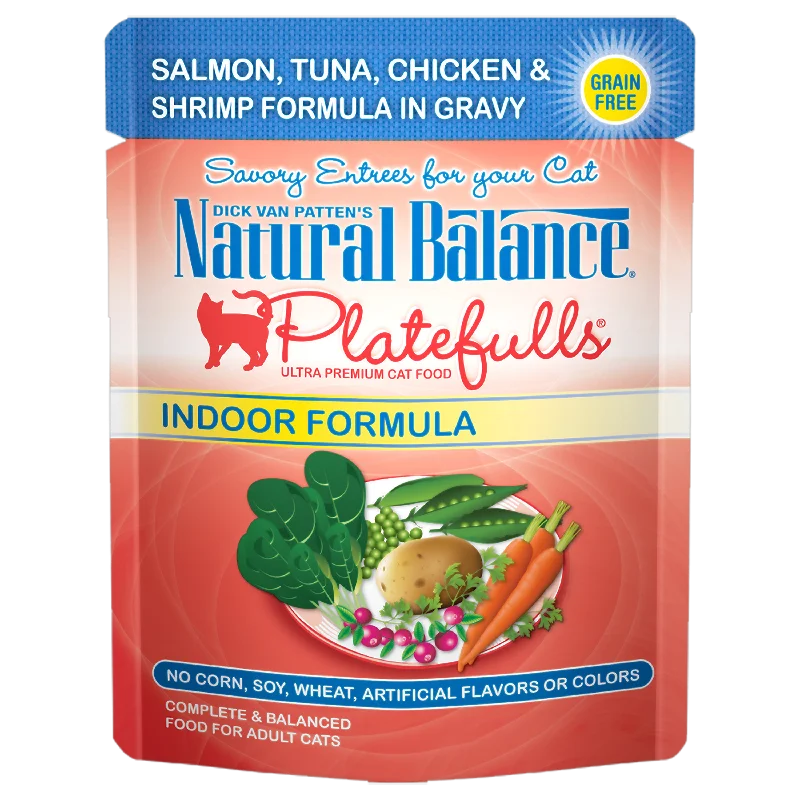    - Fish-based cat food  Natural Balance Original Ultra Platefulls Salmon, Tuna, Chicken & Shrimp Recipe Morsels in Gravy Cat Wet