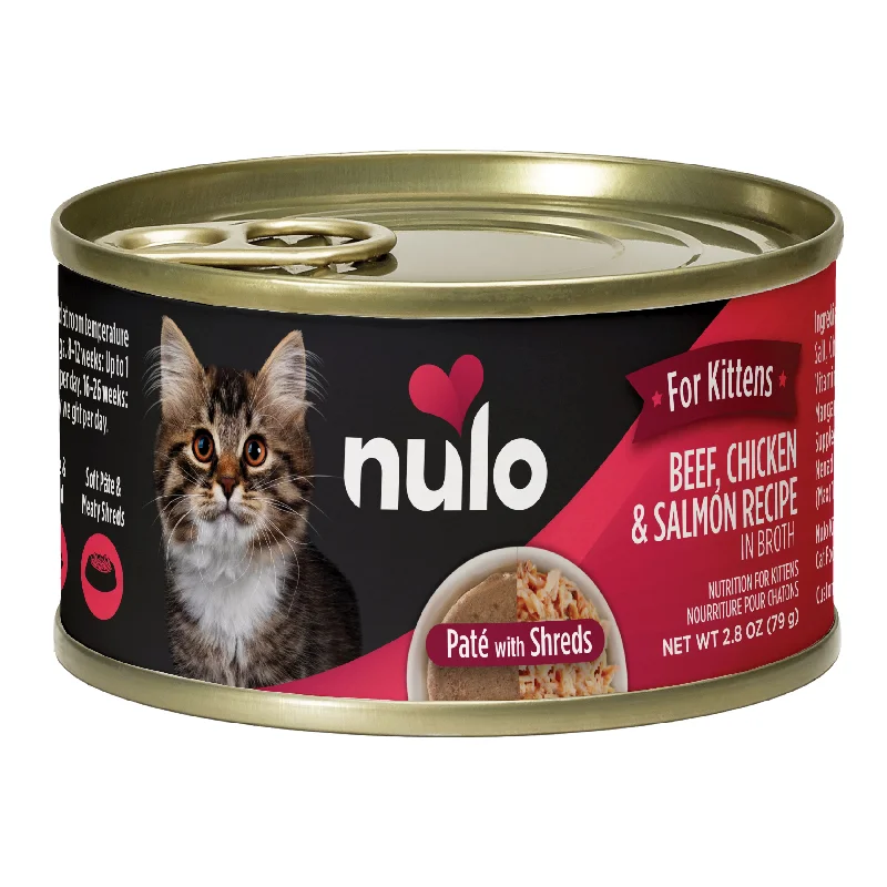 Cat FoodNulo for Kittens Beef, Chicken & Salmon Recipe in Broth Pate with Shreds Canned Kitten Food