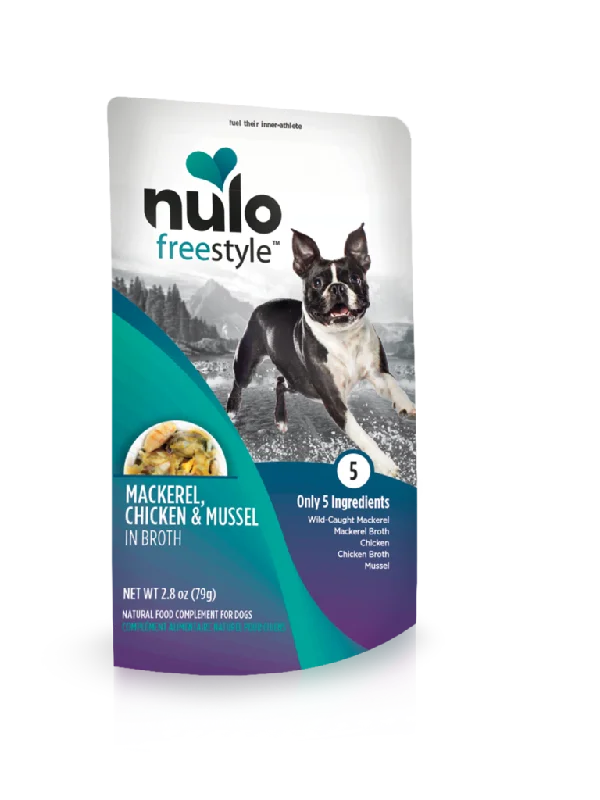 - Natural ingredient dog foodNulo Freestyle Mackerel, Chicken, and Mussel in Broth Dog Food Topper