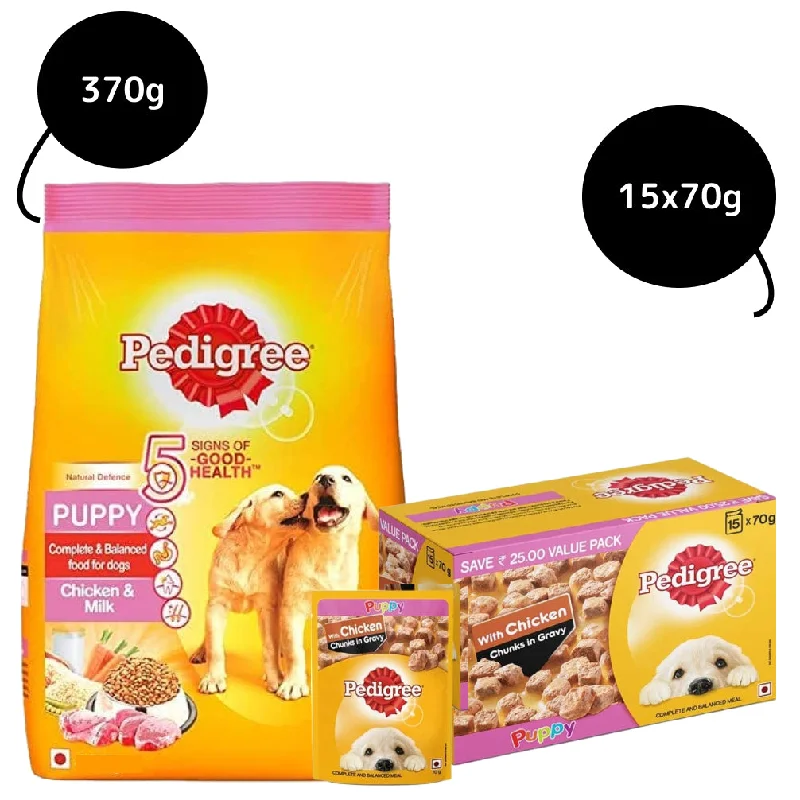 - Dog food helps the digestive systemPedigree Chicken Chunks in Gravy Pouch Puppy Wet Food and Chicken & Milk Puppy Dry Food Combo