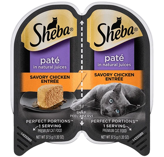    - Cat food for spayed/neutered cats  Sheba Perfect Portions Pate Savory Chicken Entree Wet Cat Food