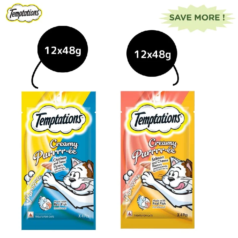    - Cat food for spayed/neutered cats  Temptations Creamy Purrrr ee Salmon & Cheese and Creamy Purrrr ee Chicken & Tuna Cat Treats Combo