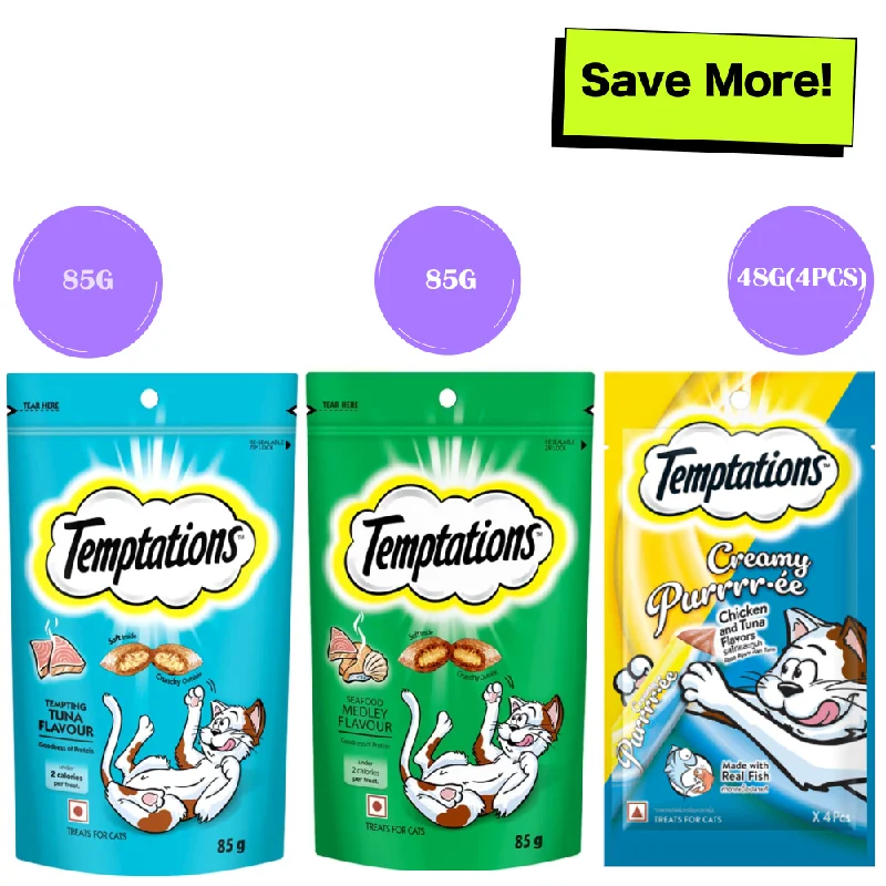    - How is Bricky cat food?  Temptations Seafood Medley Flavour, Tempting Tuna Flavour and Creamy Purrrr ee Chicken & Tuna Cat Treats Combo