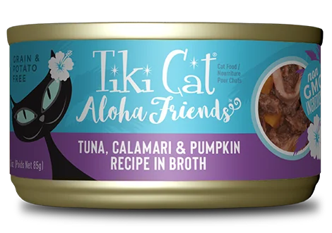    - Chicken flavor cat food  Tiki Cat Aloha Friends Grain Free Tuna with Calamari and Pumpkin Canned Cat Food