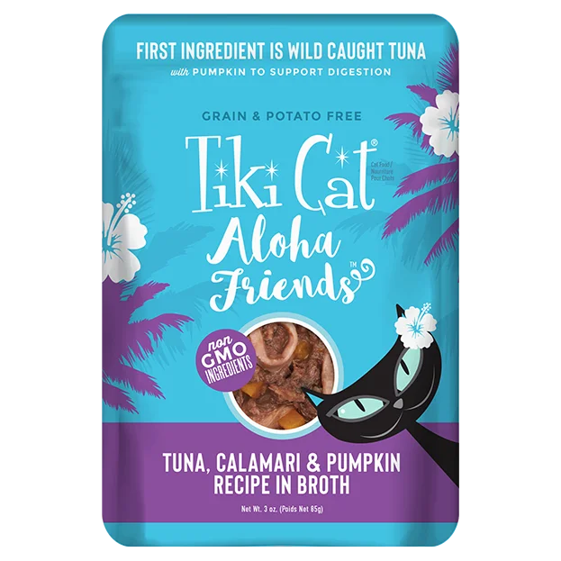    - Fish-based cat food  Tiki Cat Aloha Friends Grain Free Tuna with Calamari and Pumpkin Cat Food Pouches