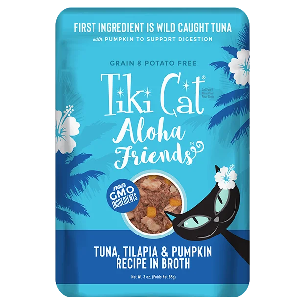    - High-fiber cat food  Tiki Cat Aloha Friends Grain Free Tuna with Tilapia and Pumpkin Cat Food Pouches