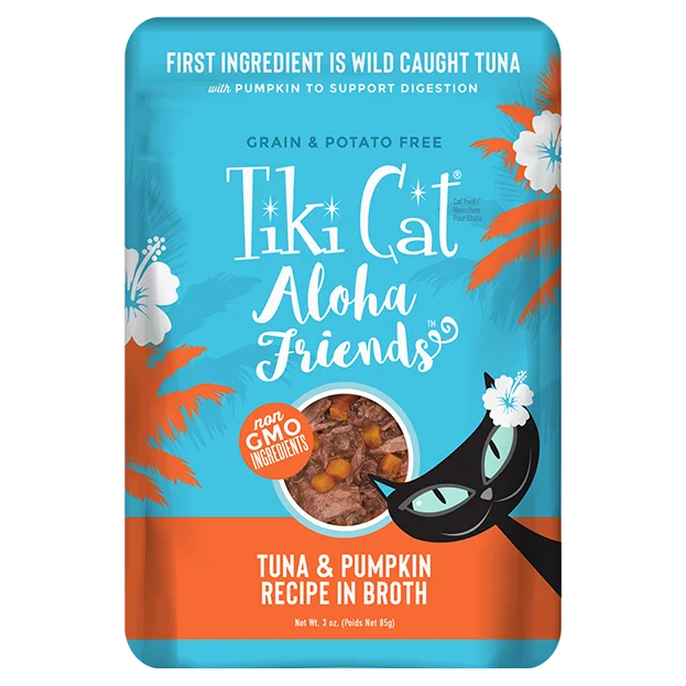    - Digestive care cat food  Tiki Cat Aloha Friends Grain Freed Tuna with Pumpkin Cat Food Pouches