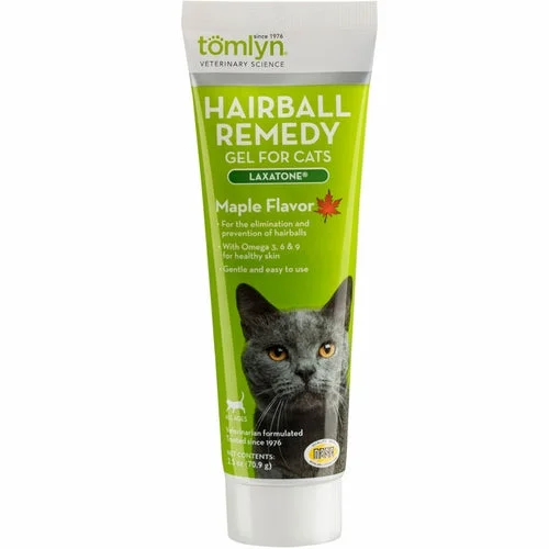    - Chicken flavor cat food  Tomlyn Hairball Remedy Gel Original Maple Flavor