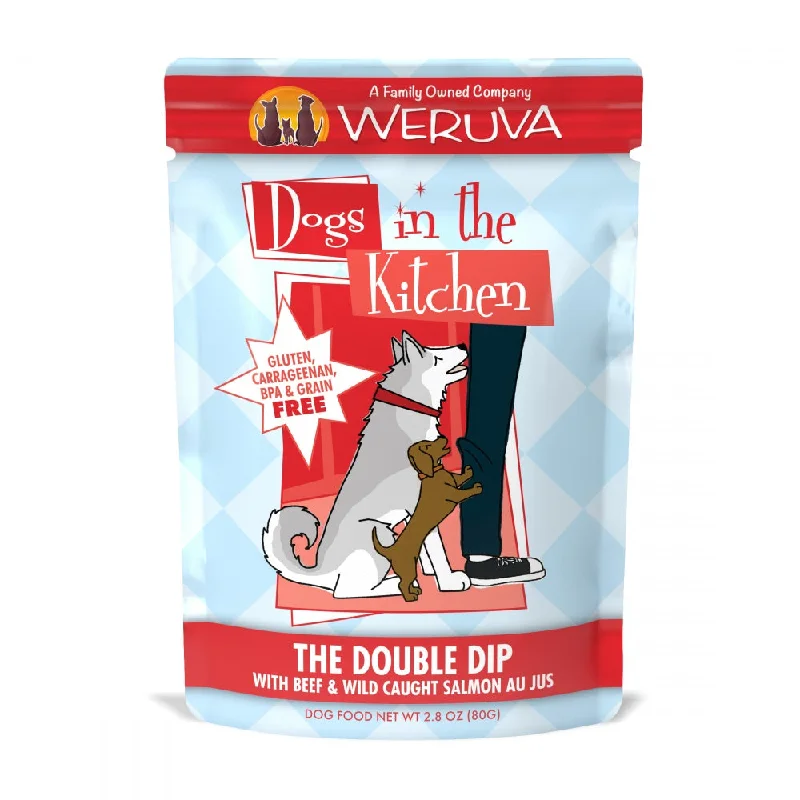 - Food for small dogsWeruva Dogs in the Kitchen The Double Dip Grain Free Beef and Salmon Dog Food Pouches