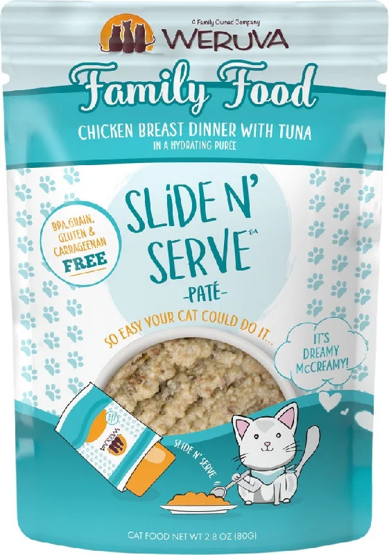  . **Functional Cat Food**  Weruva Slide N' Serve Grain Free Family Food Chicken Breast Dinner with Tuna Wet Cat Food Pouch