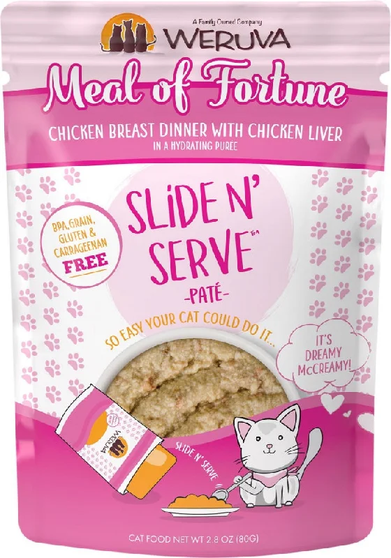    - Where to buy imported cat food  Weruva Slide N' Serve Grain Free Meal of Fortune Chicken Breast Dinner with Chicken Liver Wet Cat Food Pouch