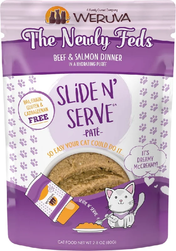  . **Price and Purchasing**  Weruva Slide N' Serve Grain Free The Newly Feds Beef & Salmon Dinner Wet Cat Food Pouch