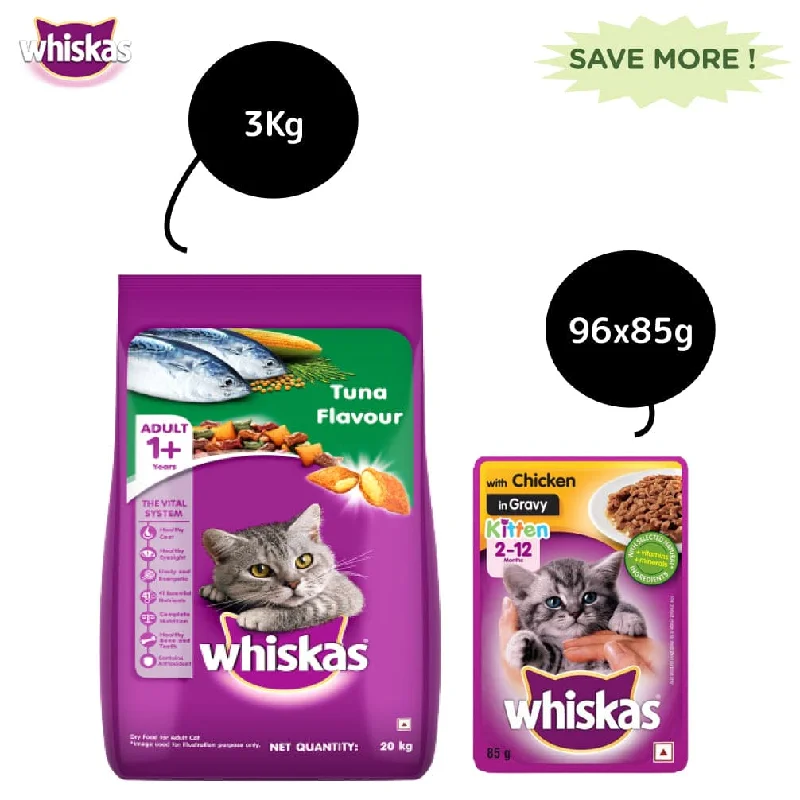  . **Price and Purchasing**  Whiskas Chicken Gravy Adult Cat Wet Food and Tuna Flavour Adult Cat Dry Food Combo