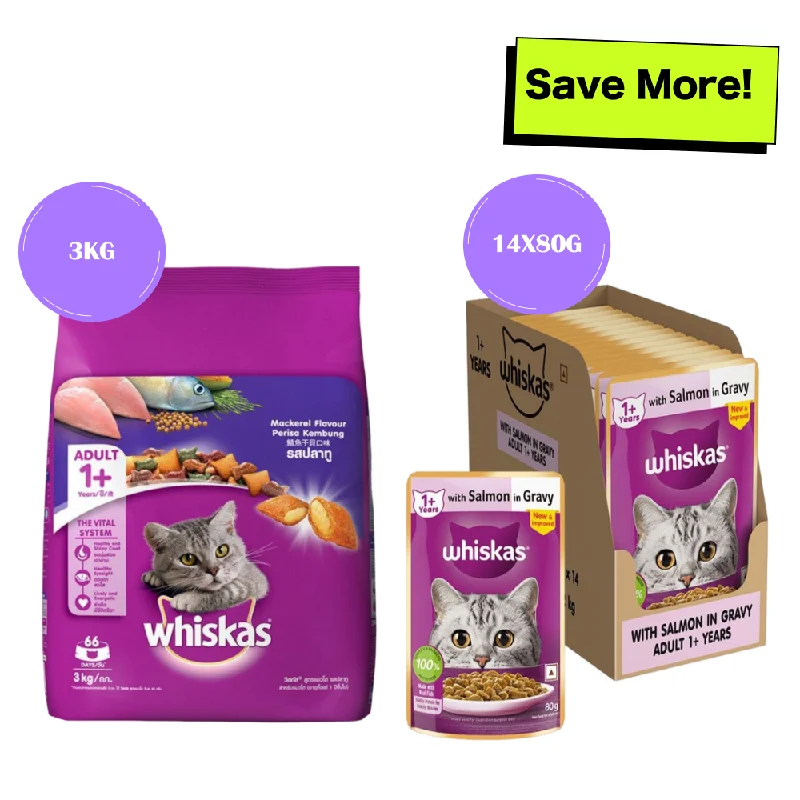    - Hypoallergenic cat food  Whiskas Mackerel Flavour and Salmon in Gravy Meal Adult Cat Dry and Wet Food Combo