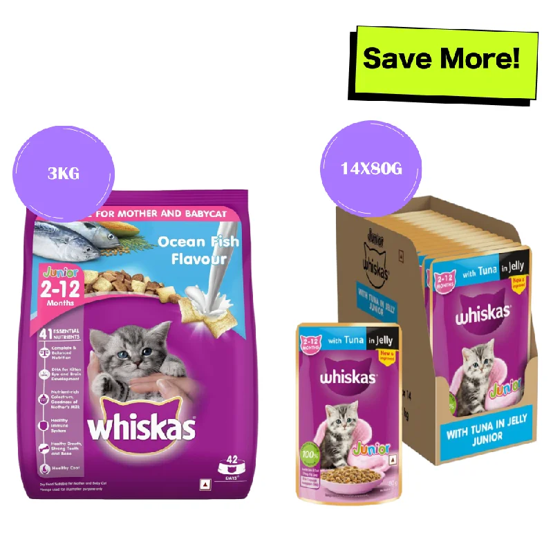    - Cat food for digestive health  Whiskas Ocean Fish and Tuna in Jelly Kitten Dry and Wet Food Combo