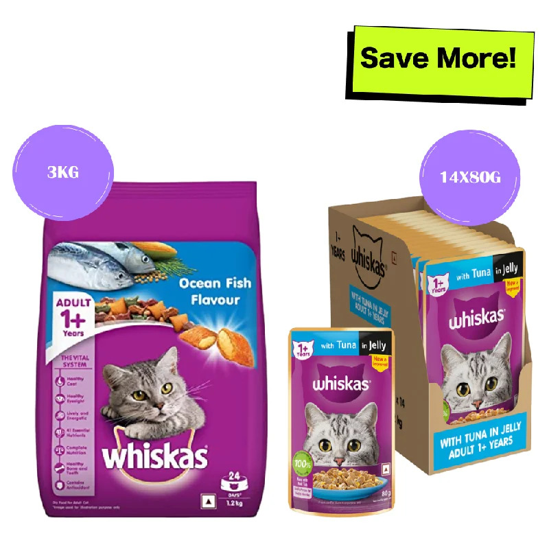    - High-protein cat food  Whiskas Ocean Fish and Tuna in Jelly Meal Adult Cat Wet and Dry Food Combo