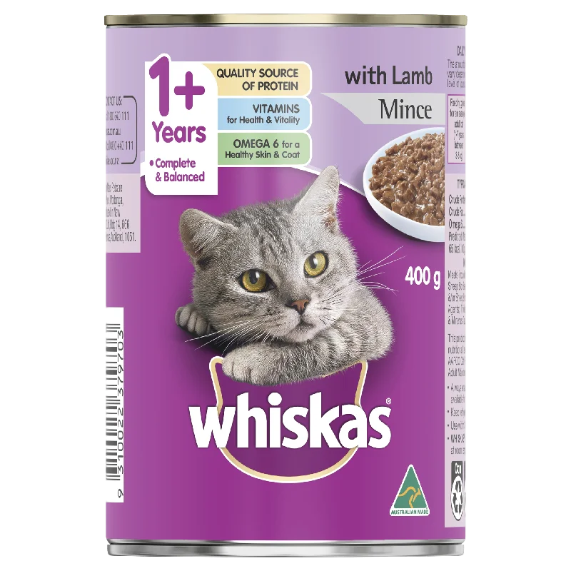    - Senior cat food  Whiskas Oh So Meaty Cat Adult 1+yrs Mince Lamb Turkey & Vegetables 400g x 24