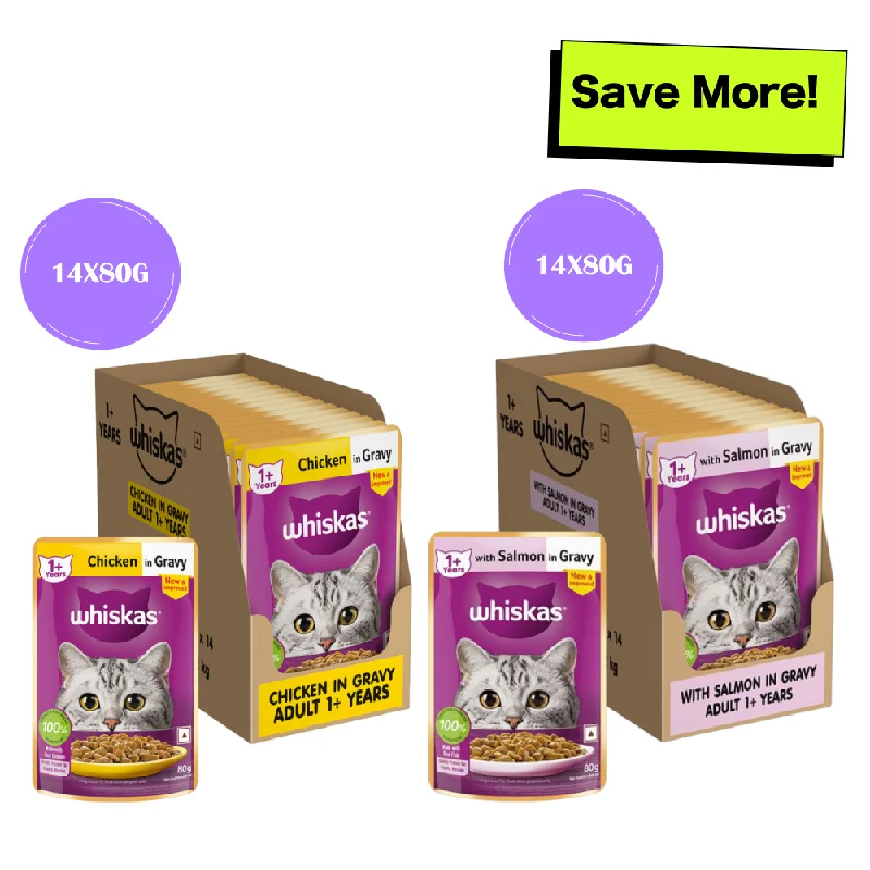    - Hairball control cat food  Whiskas Salmon in Gravy Meal and Chicken Gravy Adult Cat Wet Food Combo