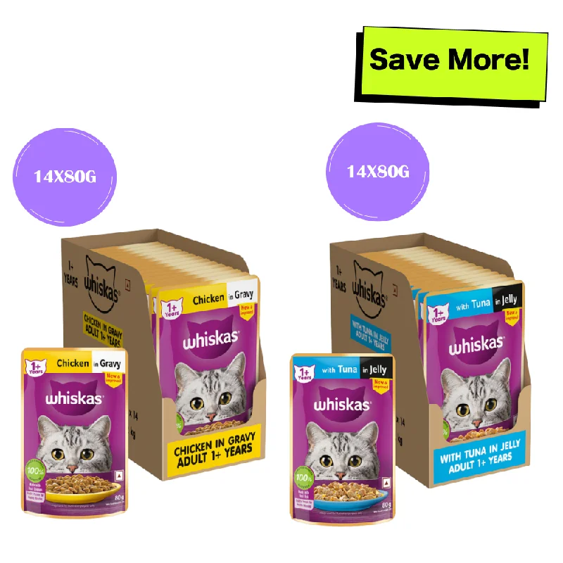    - Cat food for picky eaters  Whiskas Tuna in Jelly Meal and Chicken Gravy Adult Cat Wet Food Combo