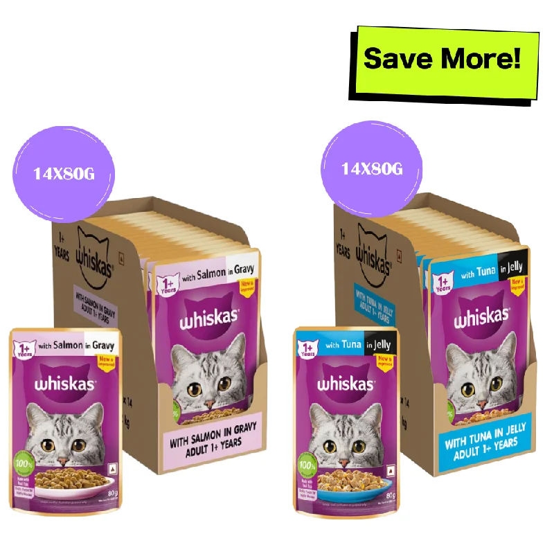  . **Ingredient-Related**  Whiskas Tuna in Jelly Meal and Salmon in Gravy Meal Adult Cat Wet Food Combo